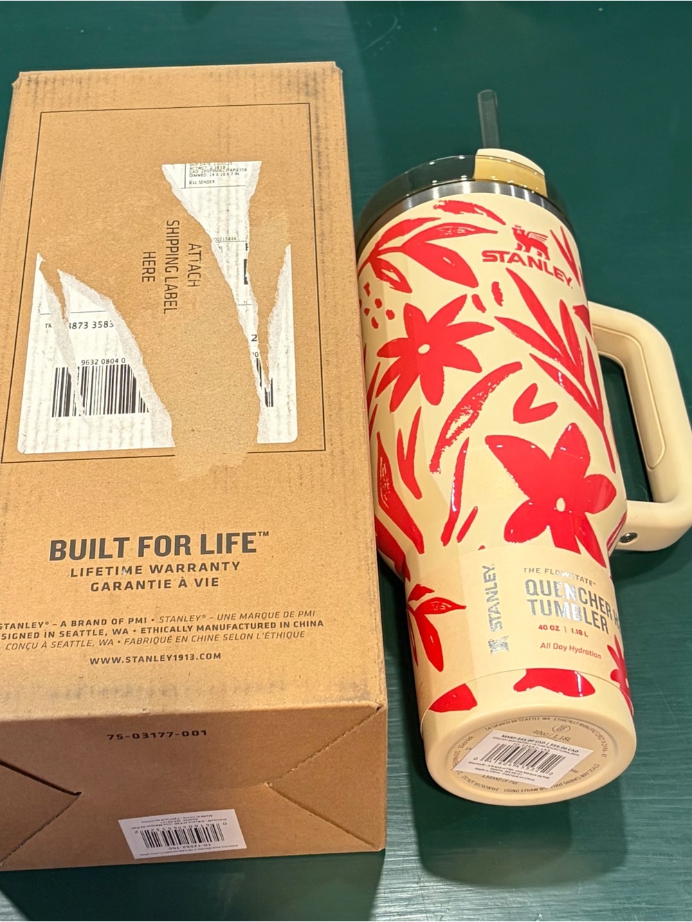 NIB- Stanley Cream and Red Floral Quencher Tumbler with Handle